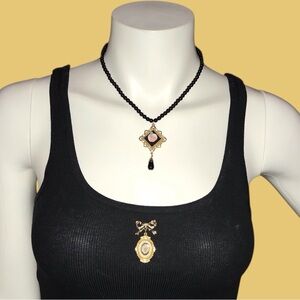 Vintage 1990 Black Onyx Beads Necklace and Brooch